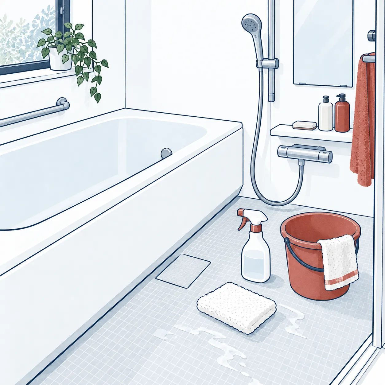 浴室の浴槽と家庭用の掃除道具のイラスト